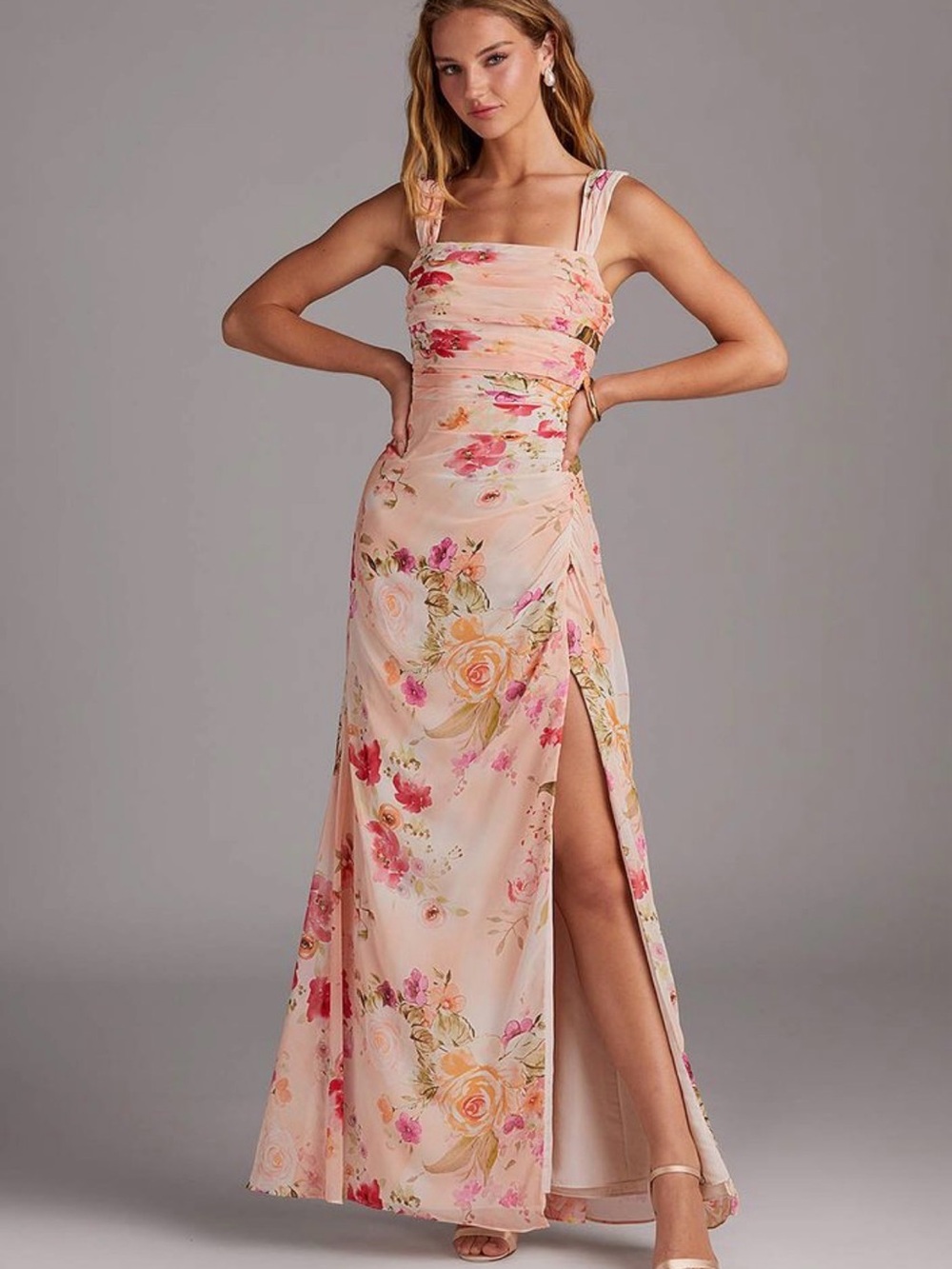 Azazie Abstract bouquet floral sheath bow chiffon Maxi dress